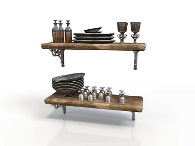 Rustic Wooden Shelves Displaying Plates Bottles And Glass Cups For Kitchen 3d model