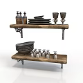 Rustic Wooden Shelves Displaying Plates Bottles And Glass Cups For Kitchen
