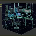 Futuristic Workspace With Multiple Screens Blue Lighting Console And Chair