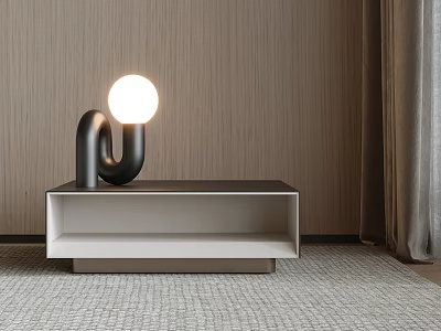 Modern Nightstand Design With Black Curved Table Lamp And Round Glowing Bulb 3d model