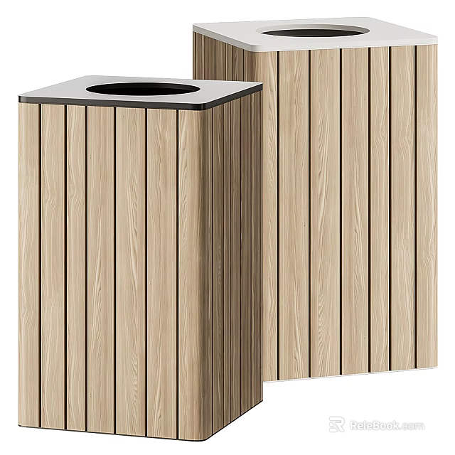 Public Facility Wooden Striped Trash Bin With Square Top And Outdoor Design 3d model 