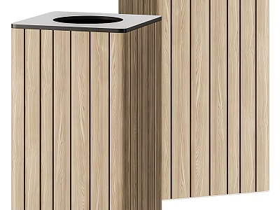 Public Facility Wooden Striped Trash Bin With Square Top And Outdoor Design 3d model