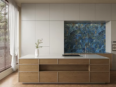 Modern Kitchen Bar Counter With Blue Backsplash Wooden Cabinets And White Vase 3d model