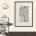 Abstract Painting with Black and White Lines in Black Frame for Modern Interior Wall Decor