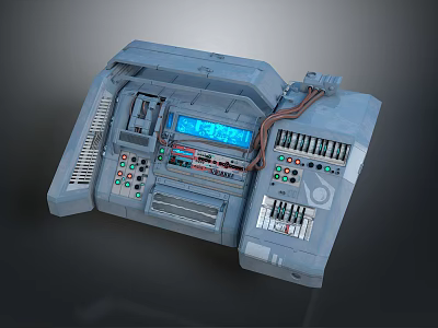 Blue Sci Fi Control Console With Various Buttons Digital Display And Cables 3d model