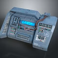Blue Sci Fi Control Console With Various Buttons Digital Display And Cables