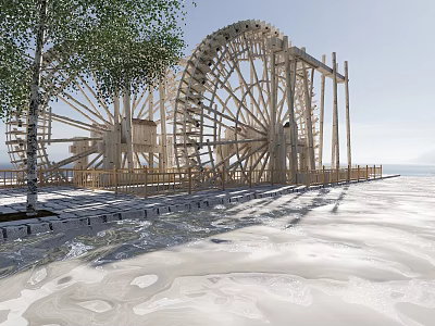 Dual Wooden Waterwheel Garden Ornament with Trees Fence and Sandy Ground 3d model