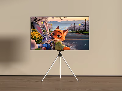 Television On Tripod Stand Displaying Zootopia Judy Nick Scenic Road With Lamps 3d model