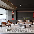 Modern Open Living And Dining Room With Leather Sofa Marble Coffee Table And Fireplace
