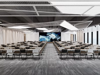 Modern Conference Room Interior With Arranged Tables Chairs And Large Screen 3d model