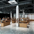 Spacious Retail Store Interior With Wooden Display Counters Marble Floor And Black Ceiling Pipes