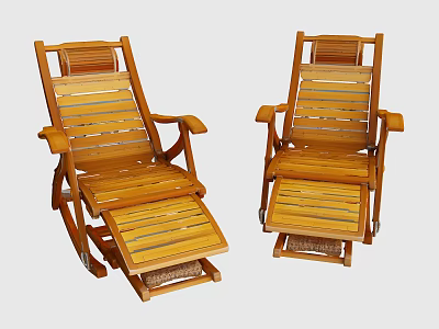 Pair of Wooden Recliner Lounge Chairs With Slat Design And Adjustable Footrest 3d model