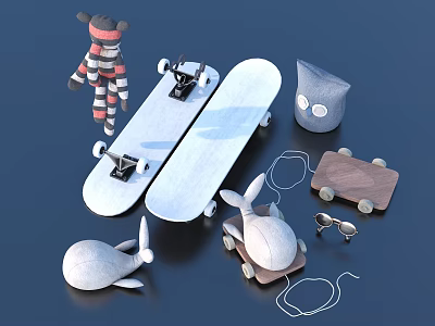 Playful Collection Of Skateboards Plush Toys Wooden Tray Glasses And Headphone Cable 3d model