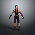 Woman With Blue Green Hair And Tattoos Wearing Black Sleeveless Top Purple Pants And Gloves