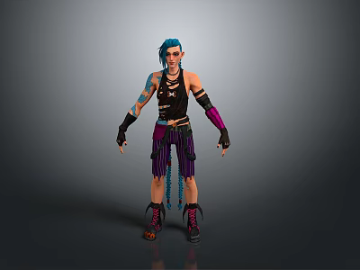 Woman With Blue Green Hair And Tattoos Wearing Black Sleeveless Top Purple Pants And Gloves 3d model