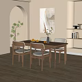 Modern Wooden Dining Table Set With Four Chairs Fruit Vase And Abstract Painting