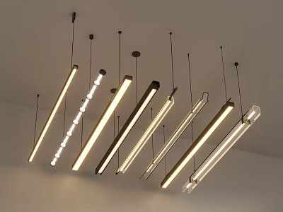 Modern Linear Chandeliers with Varied Lengths Hanging from Ceiling for Warm Illumination 3d model