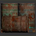 Rusty Metal Barrels Stacked On Wooden Pallet With Tilted Position And Vintage Look