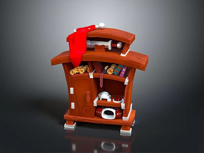 Brown Wooden Decorative Cabinet With Red Stocking Gold Coins Scrolls And Teapot 3d model