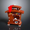 Brown Wooden Decorative Cabinet With Red Stocking Gold Coins Scrolls And Teapot
