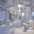 Cozy Café Interior With Wooden Structure Blue Sofas Bar Counter And Drum Decorations