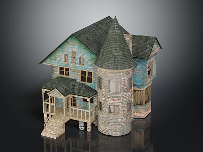 Vintage House Architecture With Stone Tower Sloped Roof Blue Exterior And Wooden Porch Steps 3d model