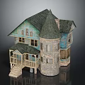 Vintage House Architecture With Stone Tower Sloped Roof Blue Exterior And Wooden Porch Steps