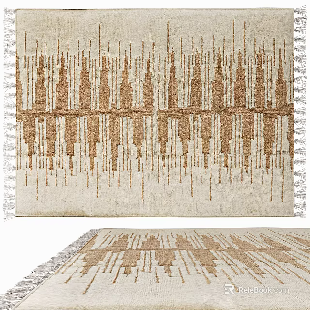 Modern Square Rug With Abstract Vertical Patterns Beige Brown Fringe Edges 3d model 