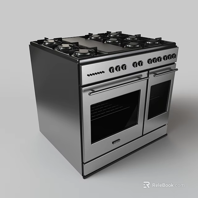 Stainless Steel Kitchen Range Cooker With Multiple Burners Double Oven And Control Panel 3d model 