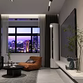 Modern Living And Dining Room With Black Sofa Orange Armchair Large TV City Night View