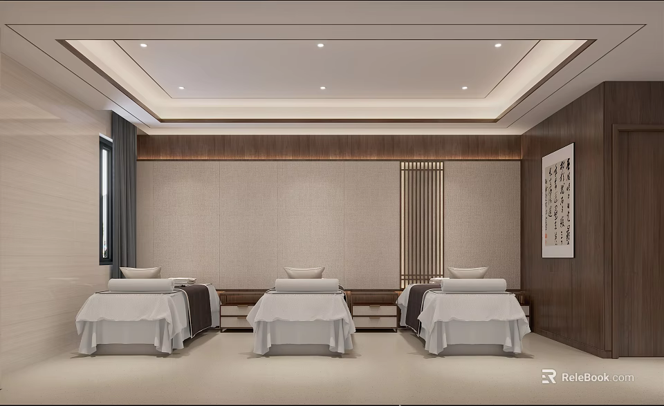 SPA Sauna Interior With Three Beds White Sheets Wooden Walls And Painting 3d model 