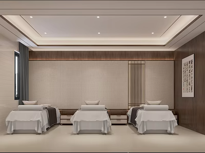 SPA Sauna Interior With Three Beds White Sheets Wooden Walls And Painting 3d model