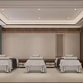 SPA Sauna Interior With Three Beds White Sheets Wooden Walls And Painting
