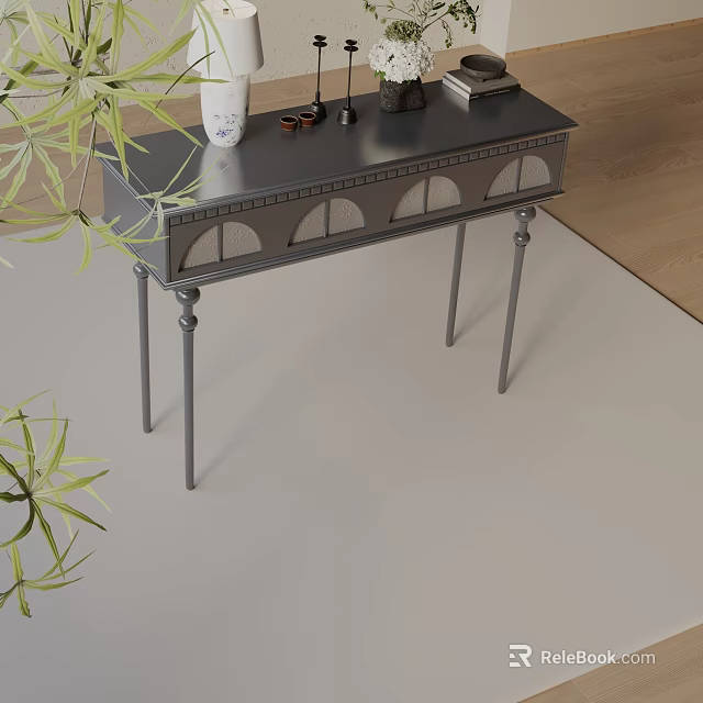 Modern Entryway Console Side Cabinet with Arched Panels Metal Legs and Green Plants Decorative Items 3d model 