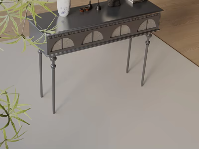 Modern Entryway Console Side Cabinet with Arched Panels Metal Legs and Green Plants Decorative Items 3d model