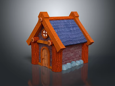 Wooden Cottage Design With Blue Tiled Roof Circular Window Wooden Door And Brick Base 3d model