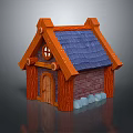 Wooden Cottage Design With Blue Tiled Roof Circular Window Wooden Door And Brick Base
