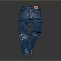 Blue Denim Jeans with Distressed Ripped Details Front Pockets and Red Label
