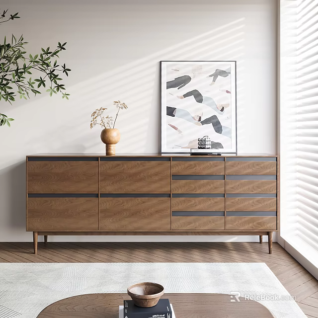 Modern Wooden Entryway Cabinet With Drawers Vase Dried Flowers Abstract Art And Natural Light 3d model 