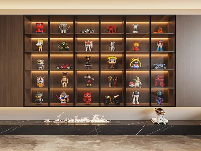 Dark Wood Decorative Cabinet With Layered Shelves Displaying Robot Figurines And Car Models 3d model