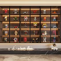 Dark Wood Decorative Cabinet With Layered Shelves Displaying Robot Figurines And Car Models