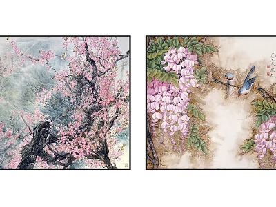 Botanical Paintings Featuring Blooming Cherry Blossom Wisteria And Birds On Branches 3d model