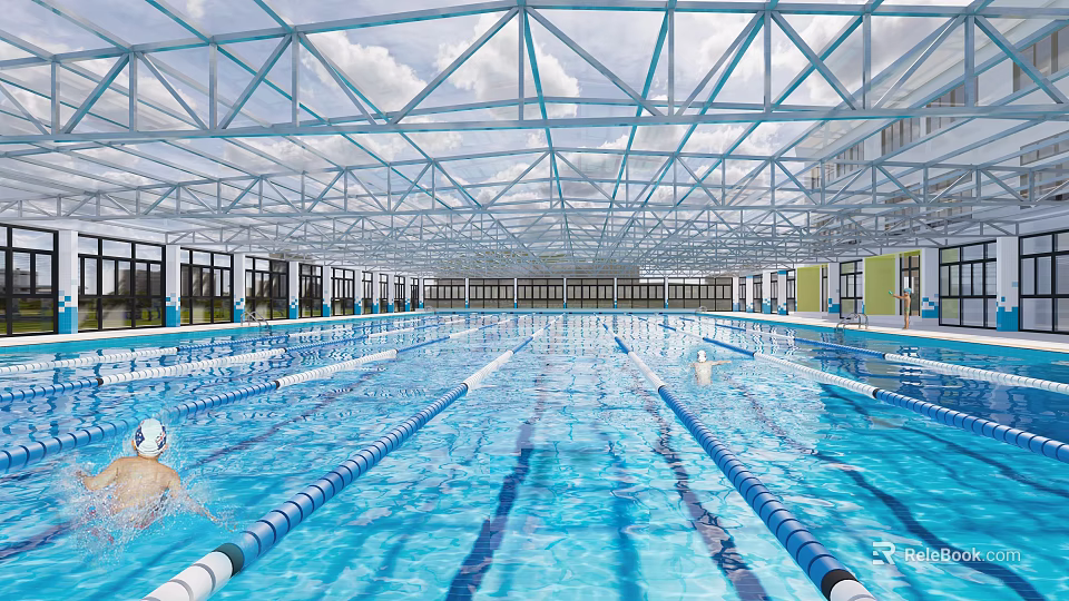 Indoor Swimming Pool with Glass Roof Swimming Lanes Clear Water Steel Structure and Bright Interior 3d model 