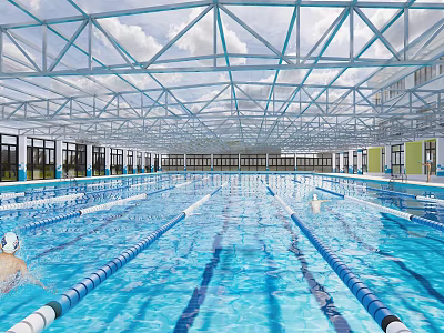Indoor Swimming Pool with Glass Roof Swimming Lanes Clear Water Steel Structure and Bright Interior 3d model