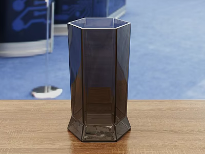 Transparent Octagonal Glass Vase On Wooden Table With Blue Carpet Background 3d model