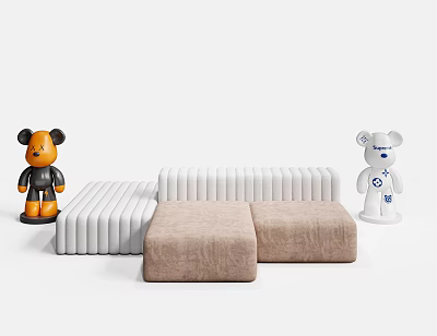 Beige Modular Sofa Set with White Backrest and Decorative Bear Figurines 3d model