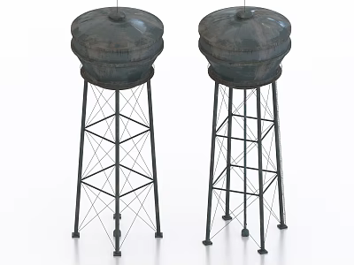 Two Tall Industrial Water Towers With Sturdy Metal Support Frames For Industrial Storage 3d model