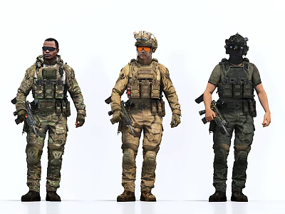 Realistic Tactical Game And Movie Military Characters In Camouflage Gear With Rifles And Helmets 3d model
