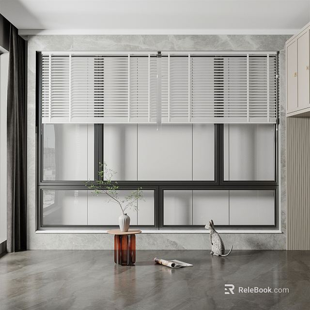 White Horizontal Slats Window Blinds in Modern Interior With Window and Small Plant 3d model 