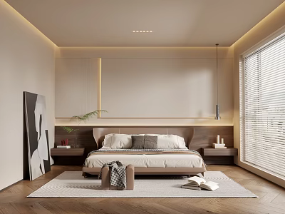 Modern Bedroom Interior Design With Wooden Headboard Neutral Beige Walls And Abstract Painting 3d model